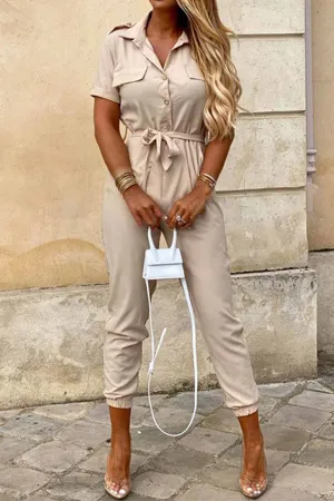 Lapel Button Waist Tie Short Sleeve Jumpsuit
