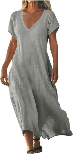Linen Dresses for Women 2025 Trendy Vneck Long Maxi Dress Flowy Summer Sundresses Boho Beach Wear