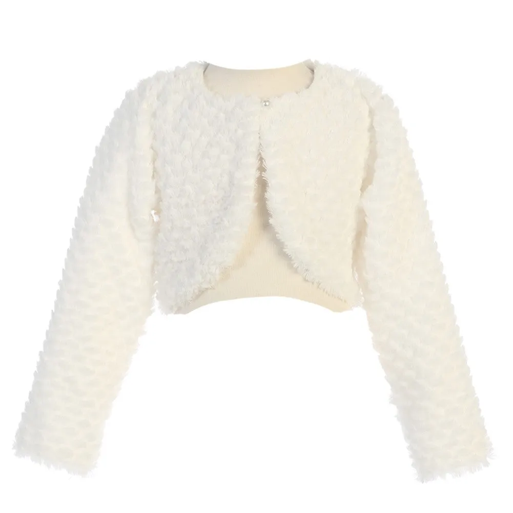 Little Girls Ivory Long Sleeve Single Button Faux Fur Bolero 2T-5