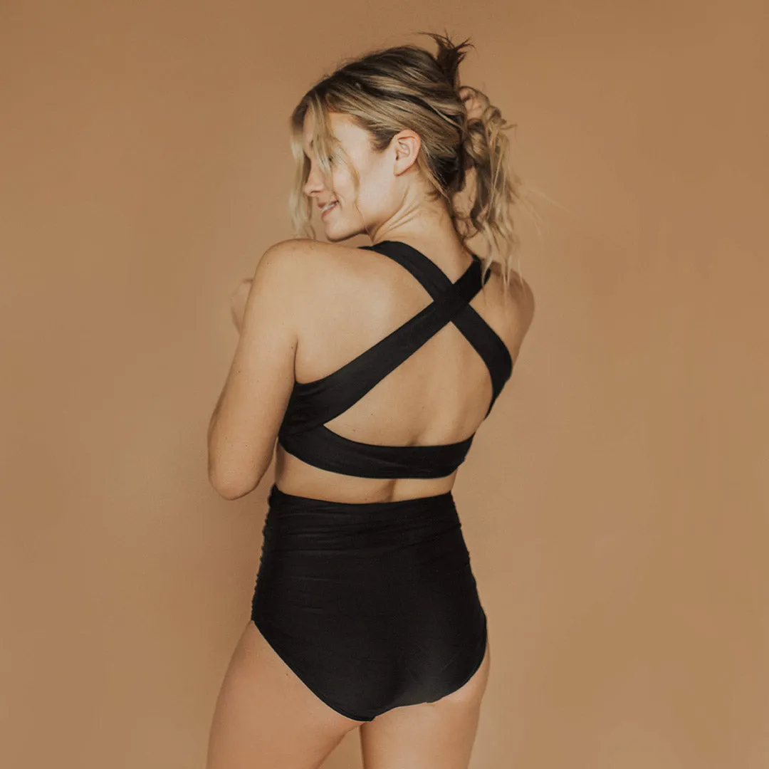 Matte Black Ruched High-Waisted Bottoms