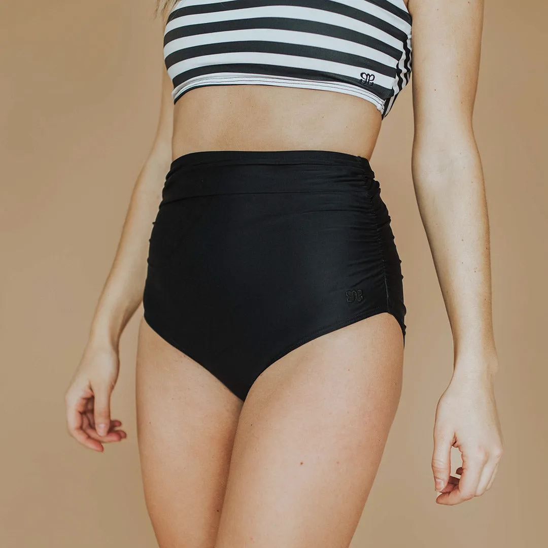Matte Black Ruched High-Waisted Bottoms