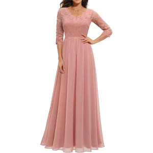 Meichang Long 3/4 Sleeve Mother of Bride Dresses For Wedding V Neck Floral Lace Chiffon Formal Dresses Solid Color Elegant Evening Gowns Maxi Dresses Wedding Guest Dresses for Women
