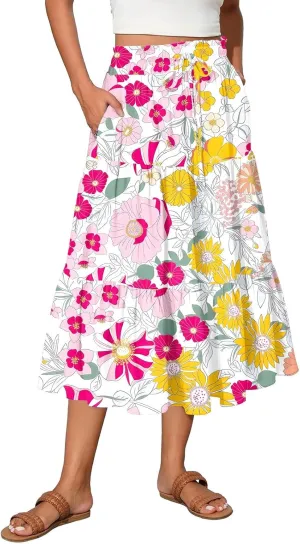 Midi Skirts for Women 2025 High Elastic Waisted Boho Floral Skirts Tiered Ruffle Skirt Flowy A Line Skorts with Pockets