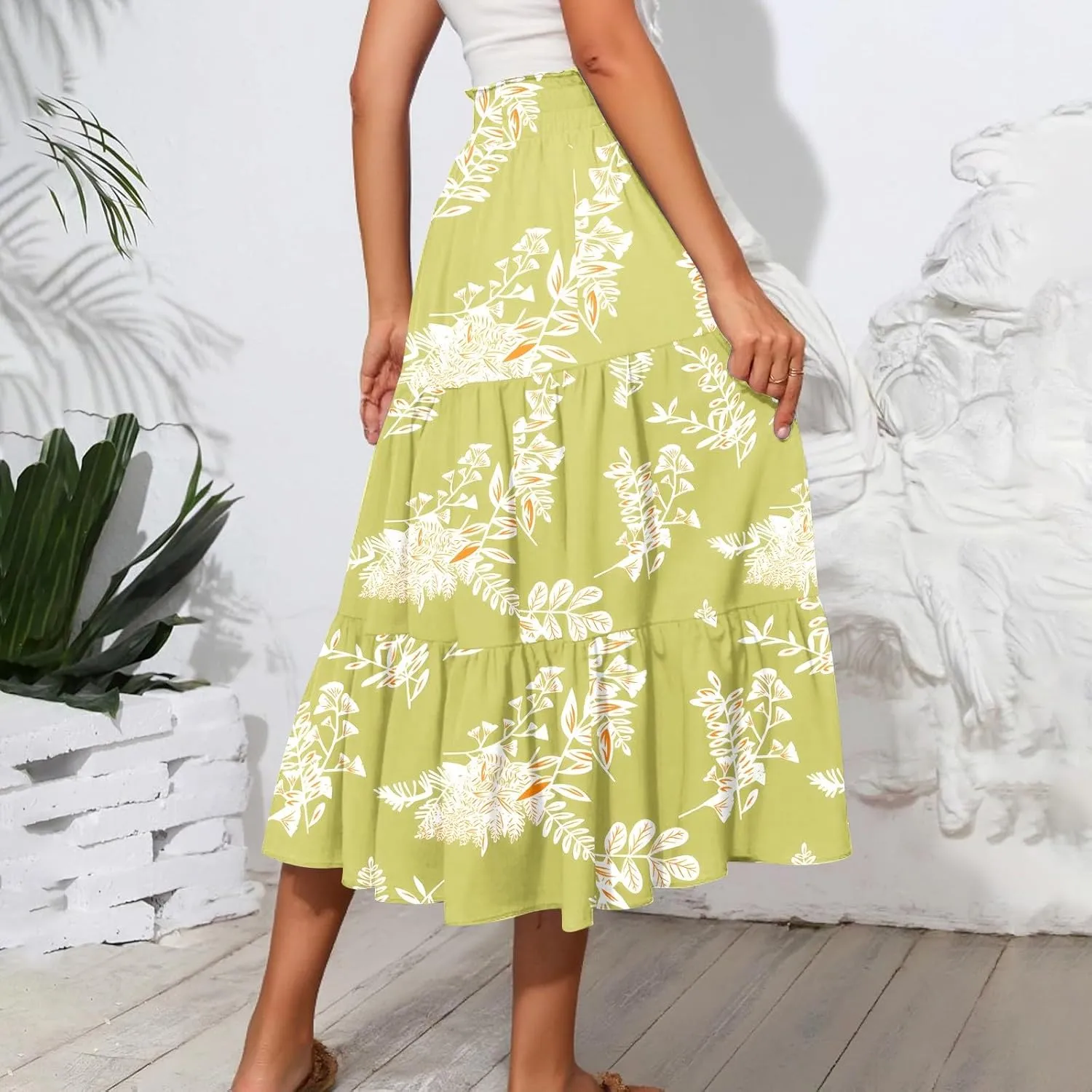 Midi Skirts for Women 2025 High Elastic Waisted Boho Floral Skirts Tiered Ruffle Skirt Flowy A Line Skorts with Pockets