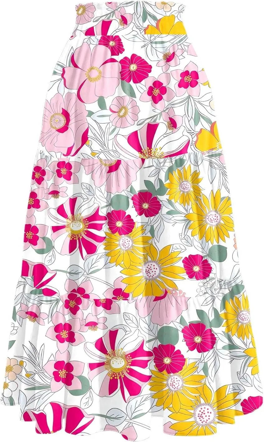 Midi Skirts for Women 2025 High Elastic Waisted Boho Floral Skirts Tiered Ruffle Skirt Flowy A Line Skorts with Pockets
