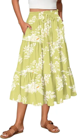 Midi Skirts for Women 2025 High Elastic Waisted Boho Floral Skirts Tiered Ruffle Skirt Flowy A Line Skorts with Pockets
