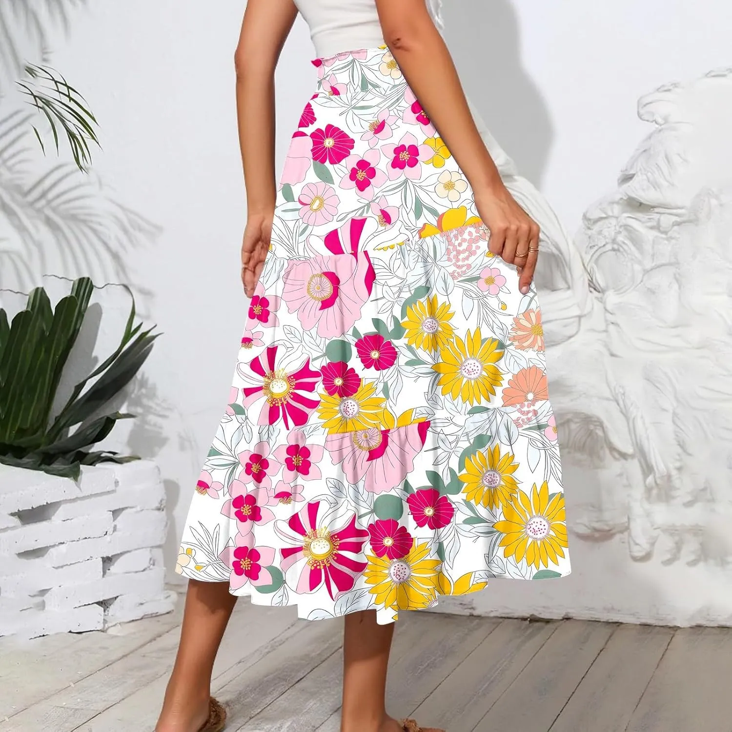 Midi Skirts for Women 2025 High Elastic Waisted Boho Floral Skirts Tiered Ruffle Skirt Flowy A Line Skorts with Pockets