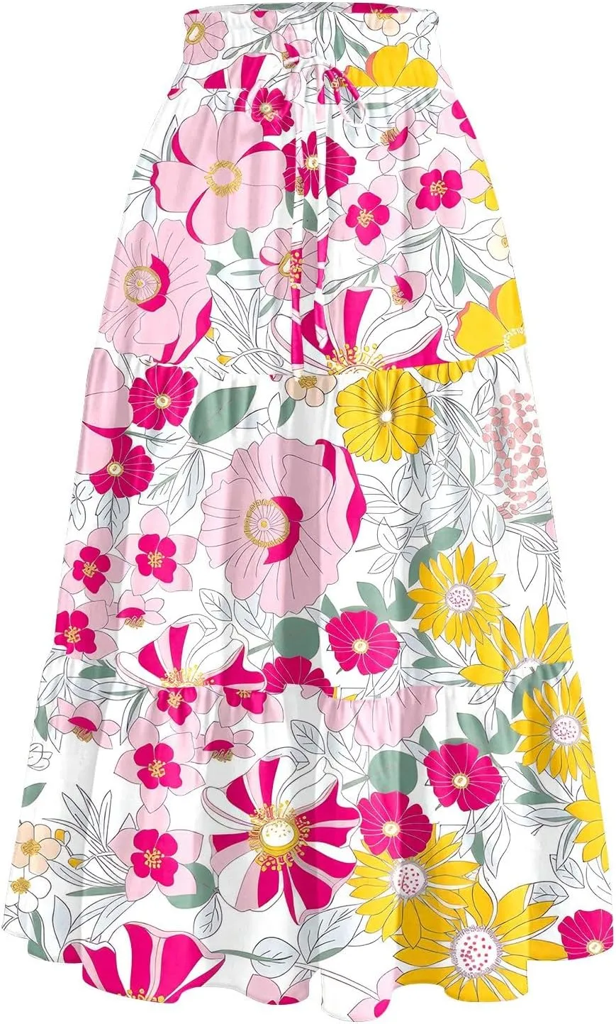 Midi Skirts for Women 2025 High Elastic Waisted Boho Floral Skirts Tiered Ruffle Skirt Flowy A Line Skorts with Pockets