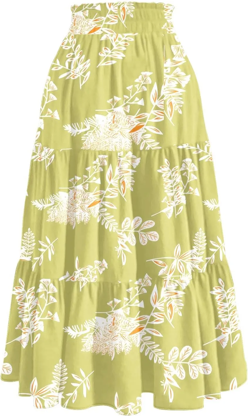 Midi Skirts for Women 2025 High Elastic Waisted Boho Floral Skirts Tiered Ruffle Skirt Flowy A Line Skorts with Pockets