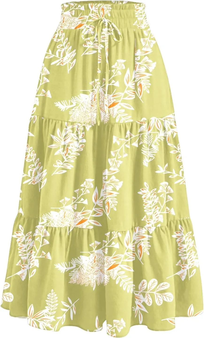 Midi Skirts for Women 2025 High Elastic Waisted Boho Floral Skirts Tiered Ruffle Skirt Flowy A Line Skorts with Pockets