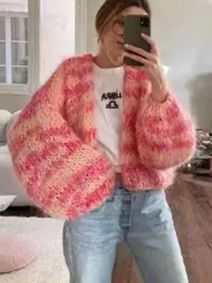New Green Striped Knitted Cardigans Sweaters Autumn Lantern Sleeve Loose Vintage Knitwear Ladies Casual Fashion Streetwear Tops