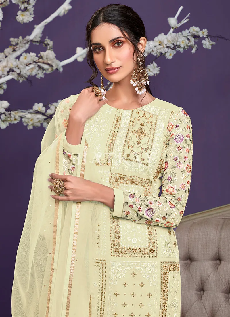 Pale Yellow Sequence Embroidered Pant Suit