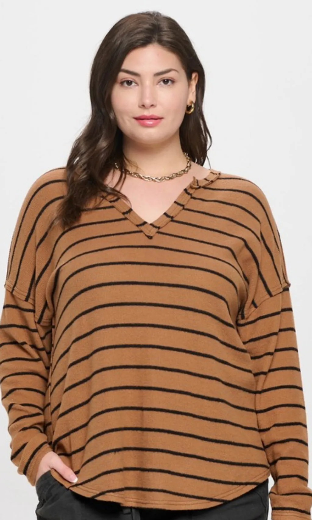 Plus Brown and Black Striped Raw Edge Knit Top