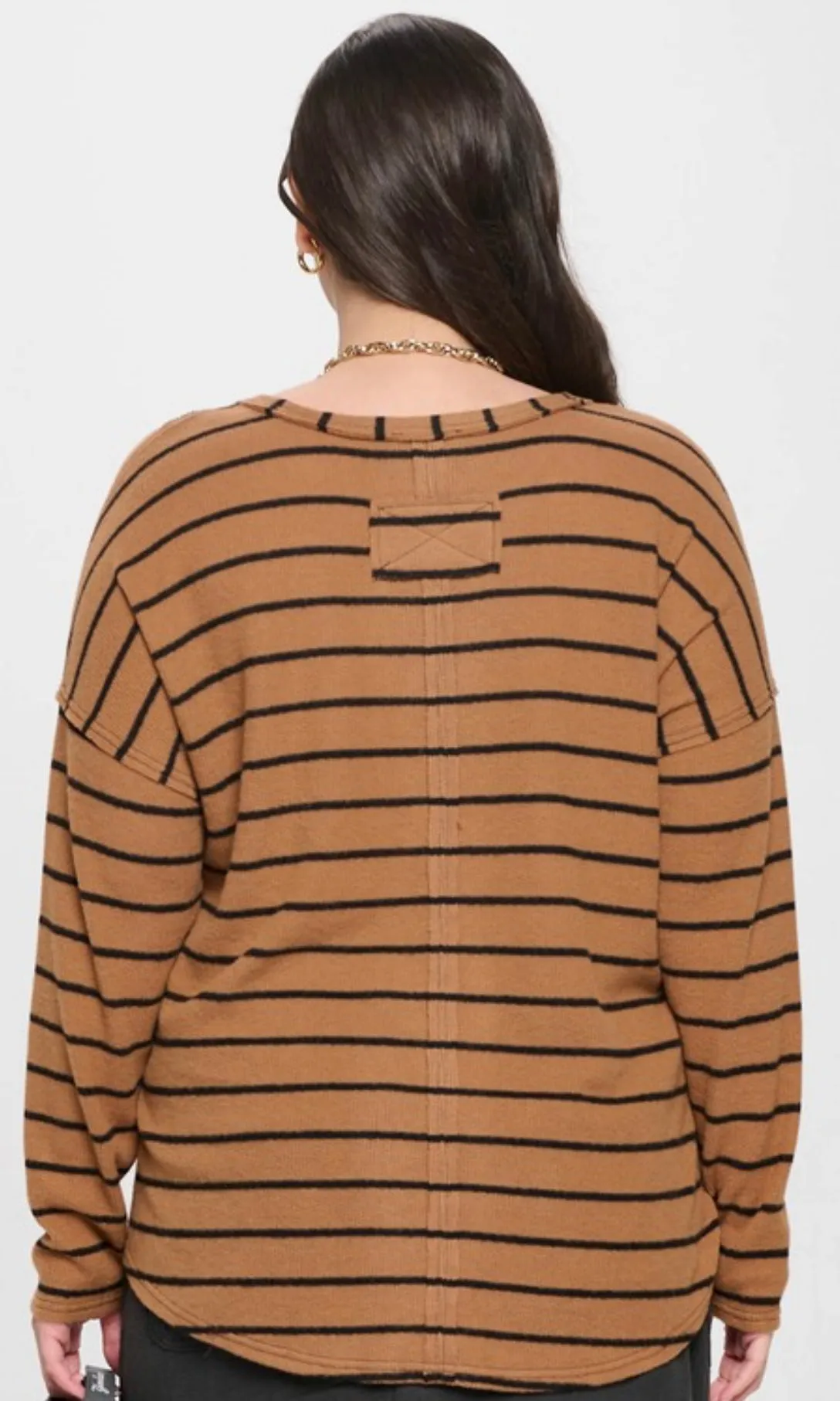 Plus Brown and Black Striped Raw Edge Knit Top