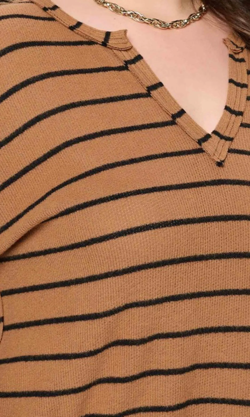 Plus Brown and Black Striped Raw Edge Knit Top