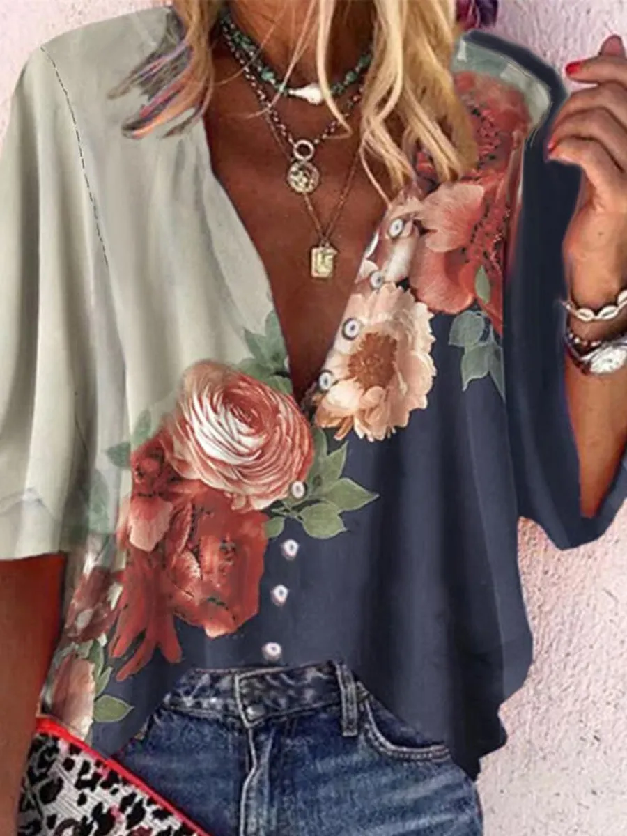 Printed V-Neck Casual Top