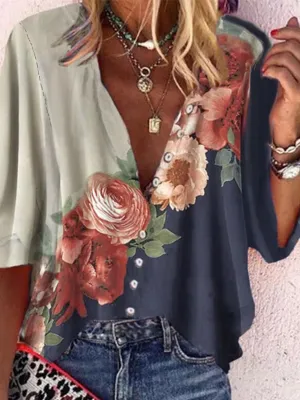 Printed V-Neck Casual Top