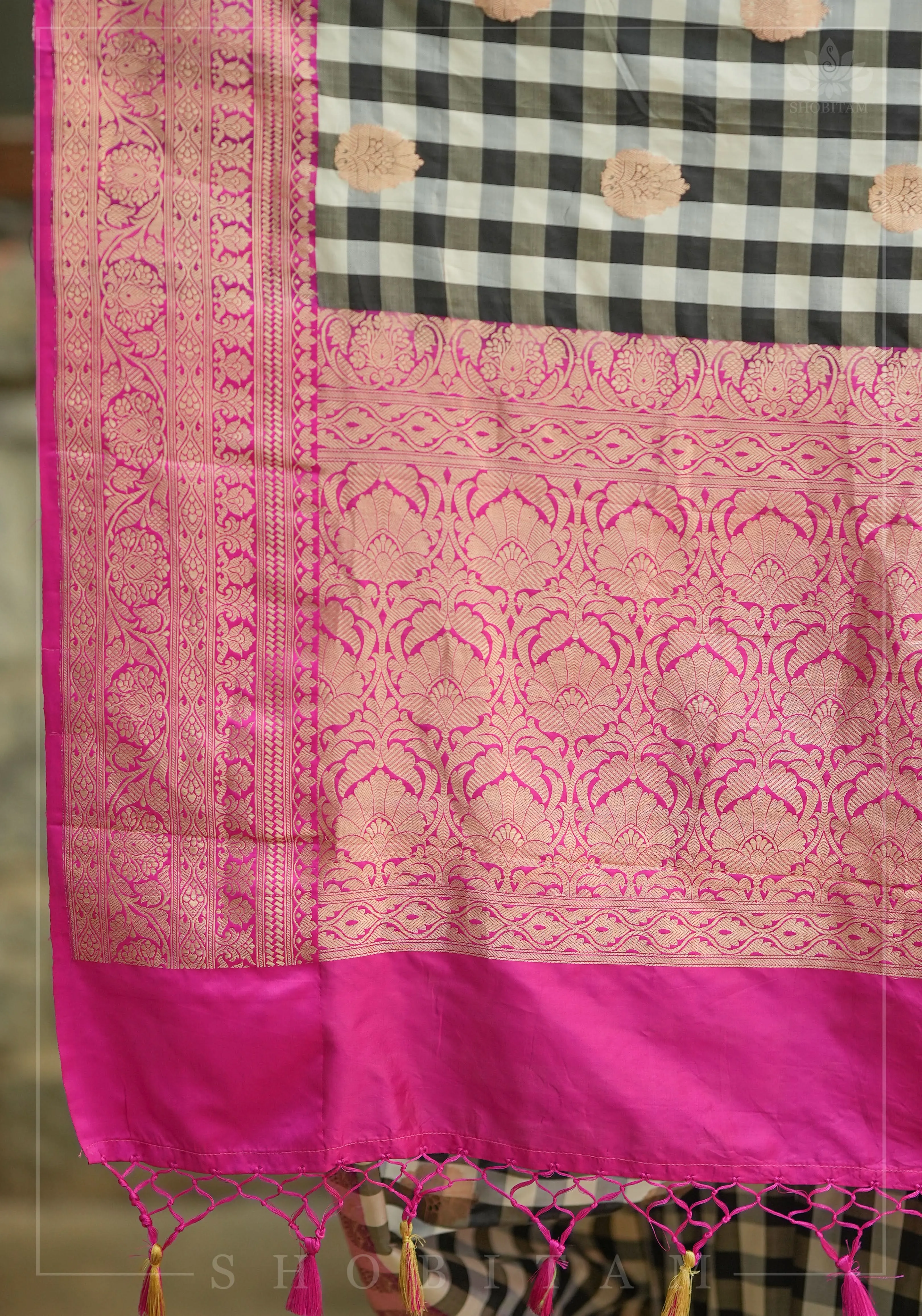 Pure Katan Silk Banarasi Saree in Black and White Checks with Contrasting Pink Borders  | SILK MARK CERTIFIED