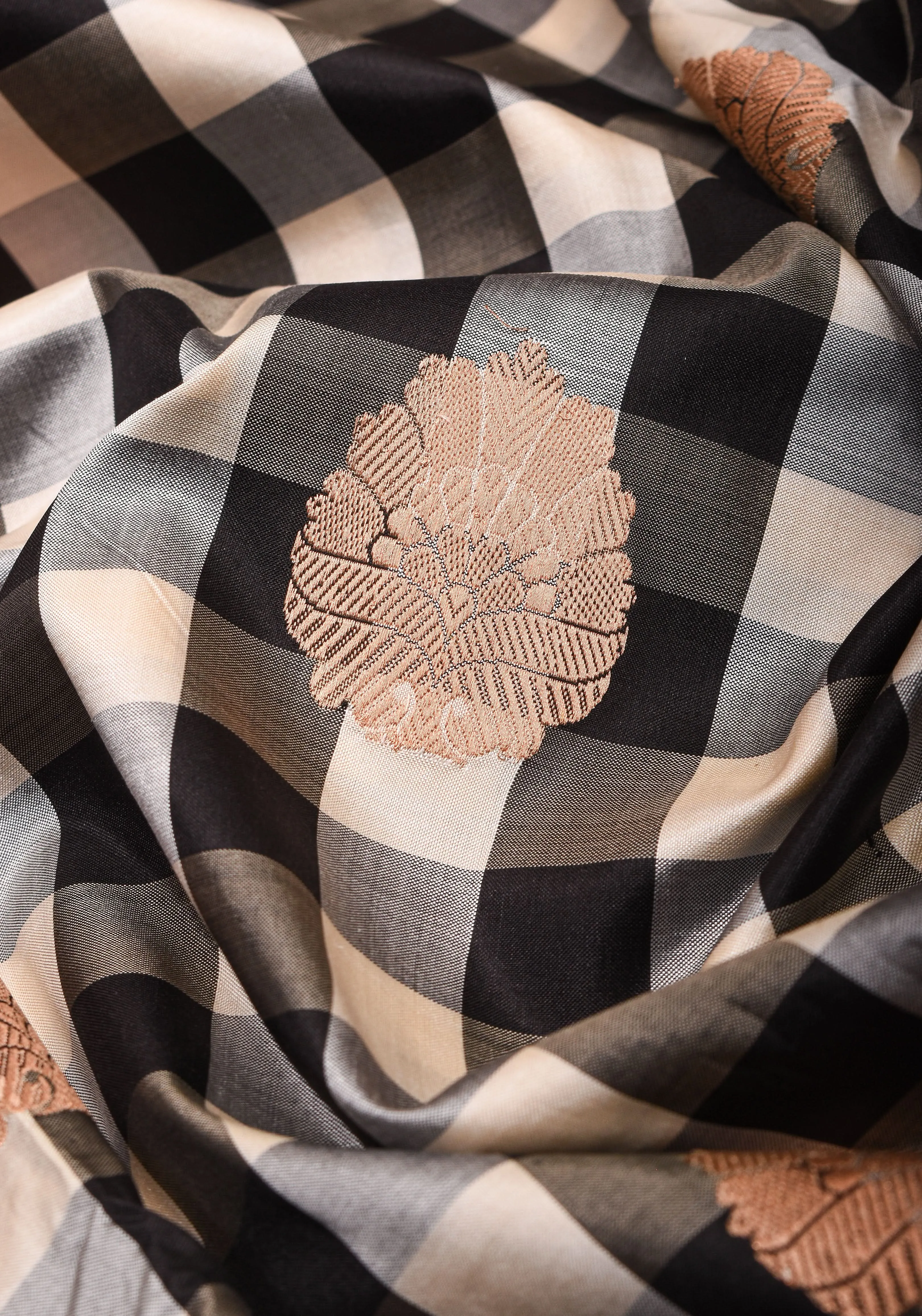 Pure Katan Silk Banarasi Saree in Black and White Checks with Contrasting Pink Borders  | SILK MARK CERTIFIED