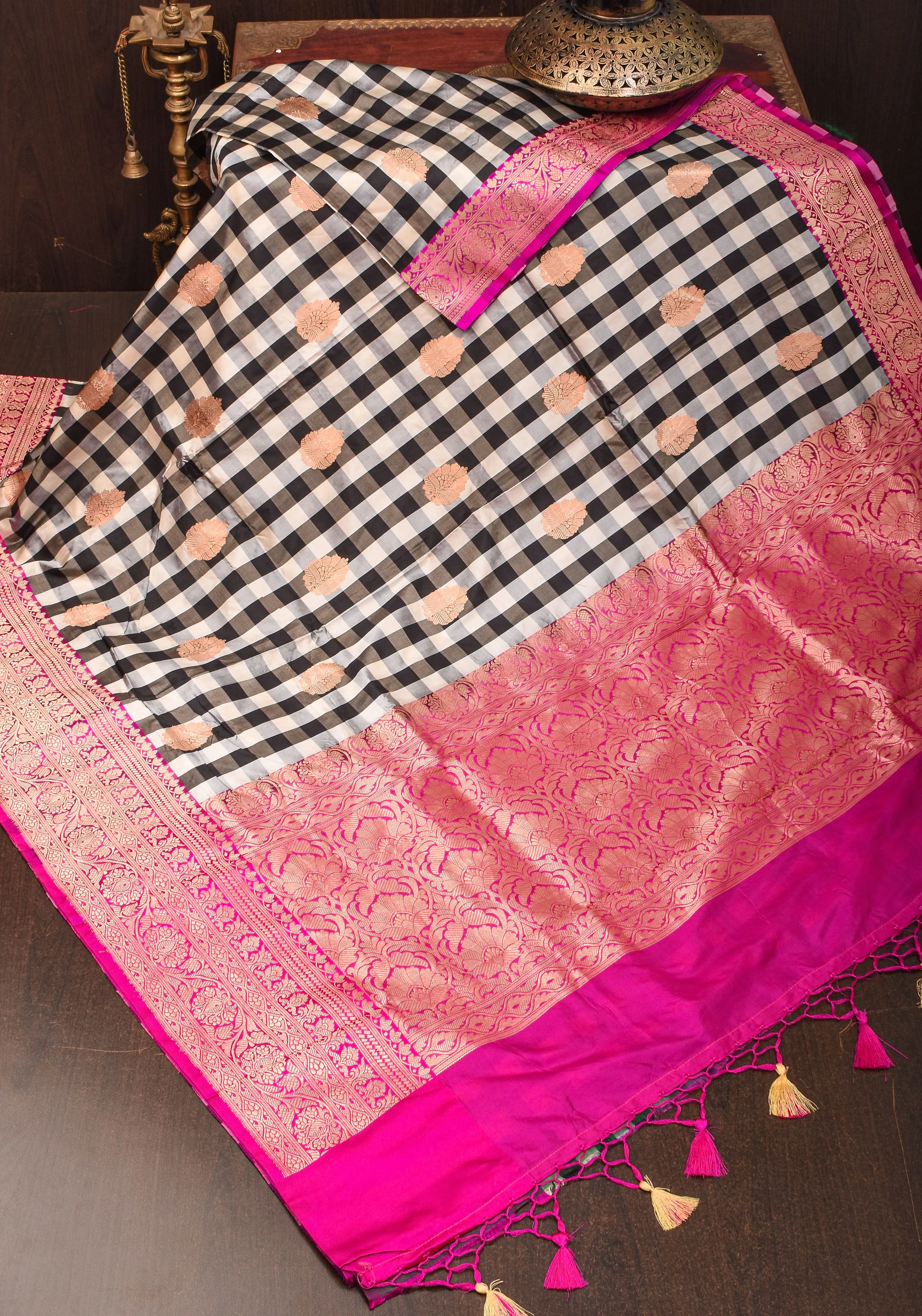 Pure Katan Silk Banarasi Saree in Black and White Checks with Contrasting Pink Borders  | SILK MARK CERTIFIED