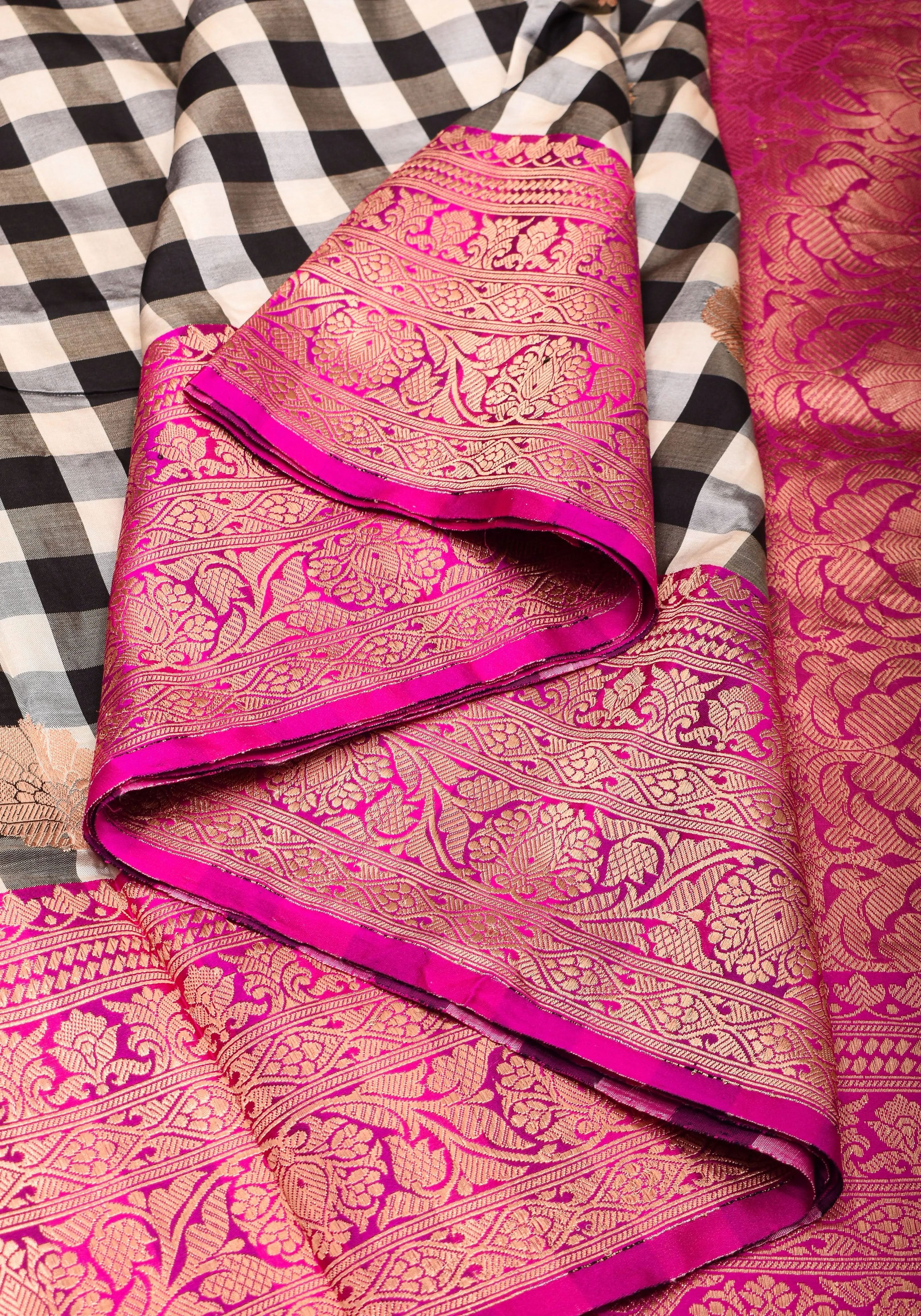 Pure Katan Silk Banarasi Saree in Black and White Checks with Contrasting Pink Borders  | SILK MARK CERTIFIED