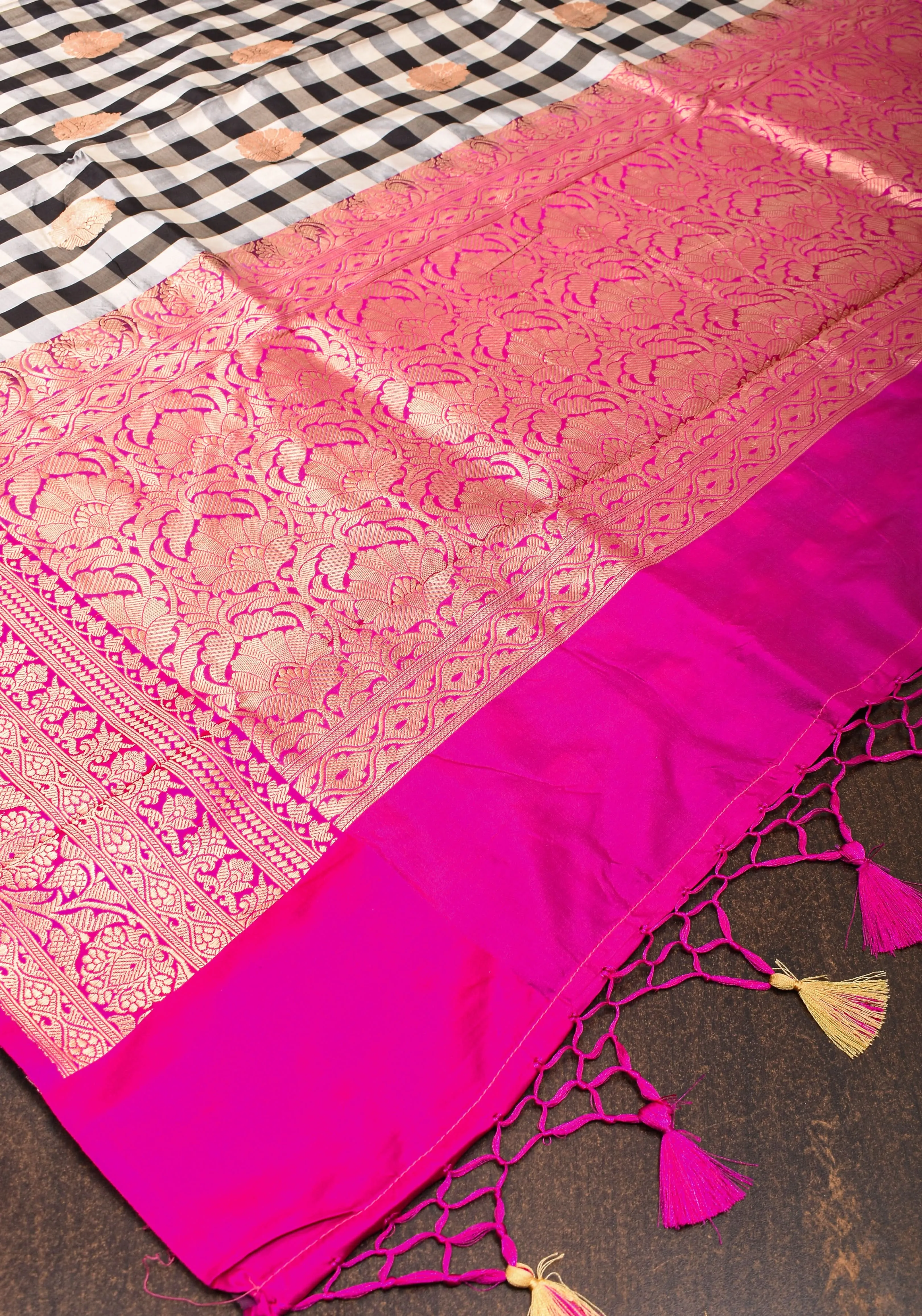 Pure Katan Silk Banarasi Saree in Black and White Checks with Contrasting Pink Borders  | SILK MARK CERTIFIED