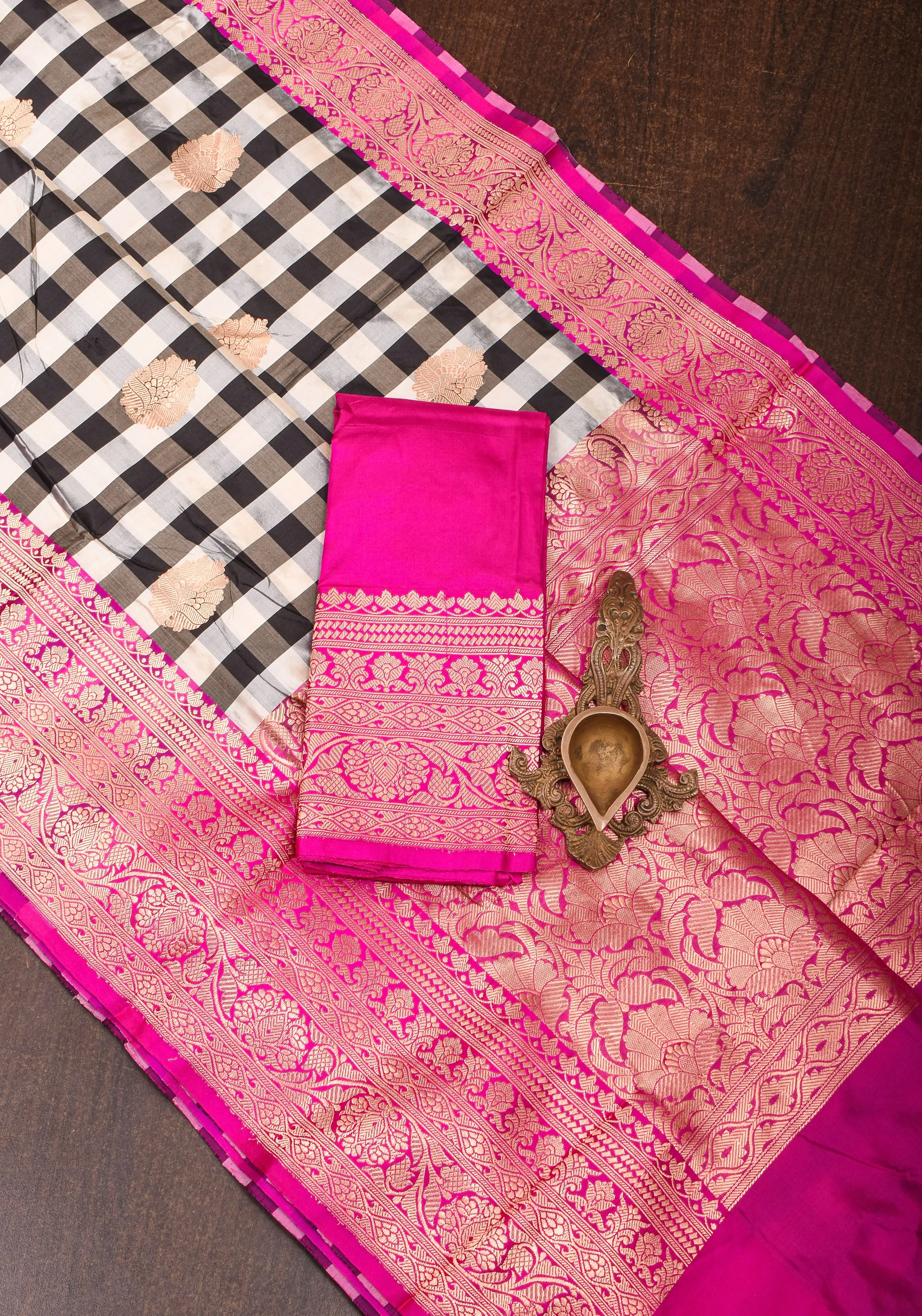 Pure Katan Silk Banarasi Saree in Black and White Checks with Contrasting Pink Borders  | SILK MARK CERTIFIED