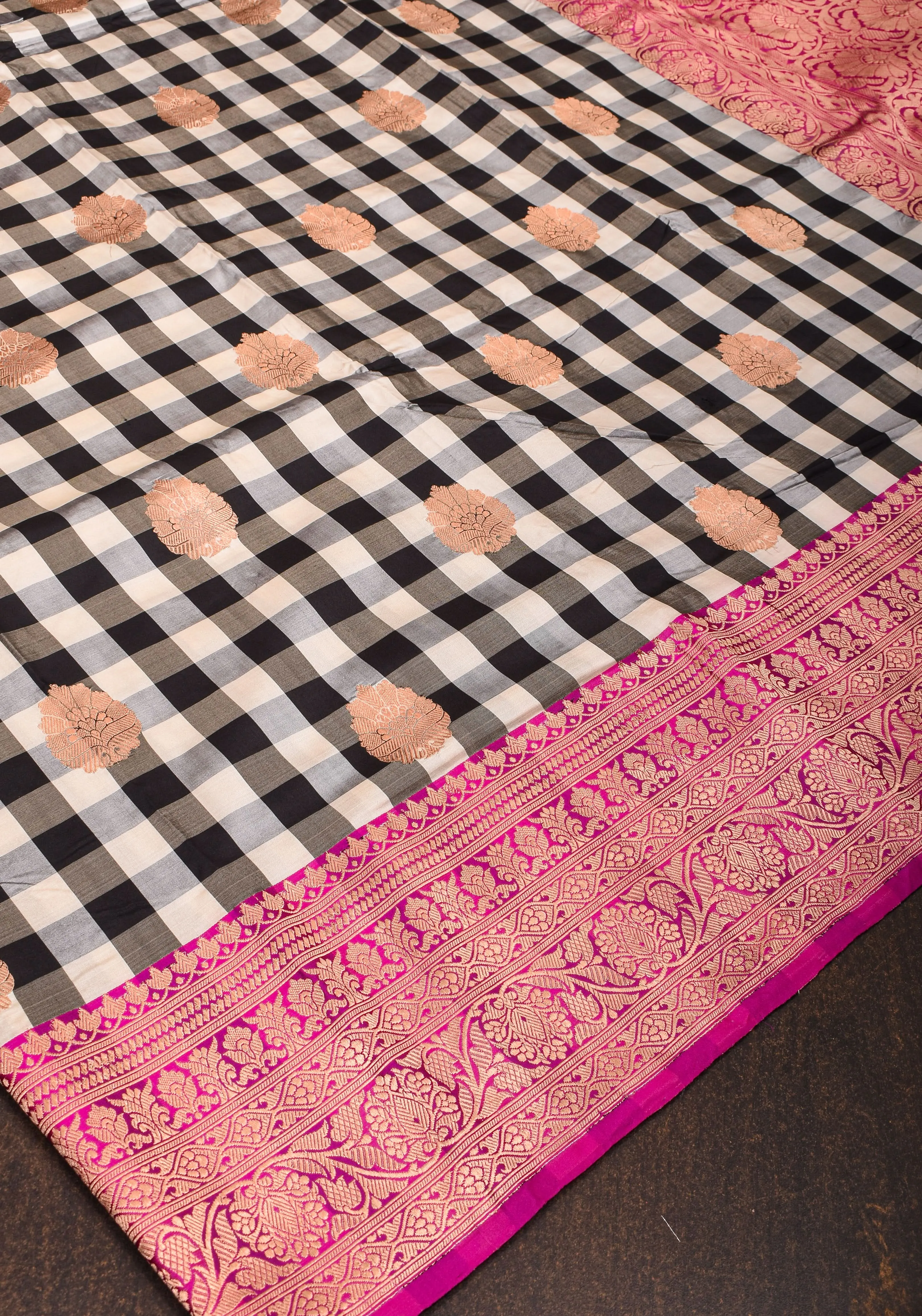 Pure Katan Silk Banarasi Saree in Black and White Checks with Contrasting Pink Borders  | SILK MARK CERTIFIED