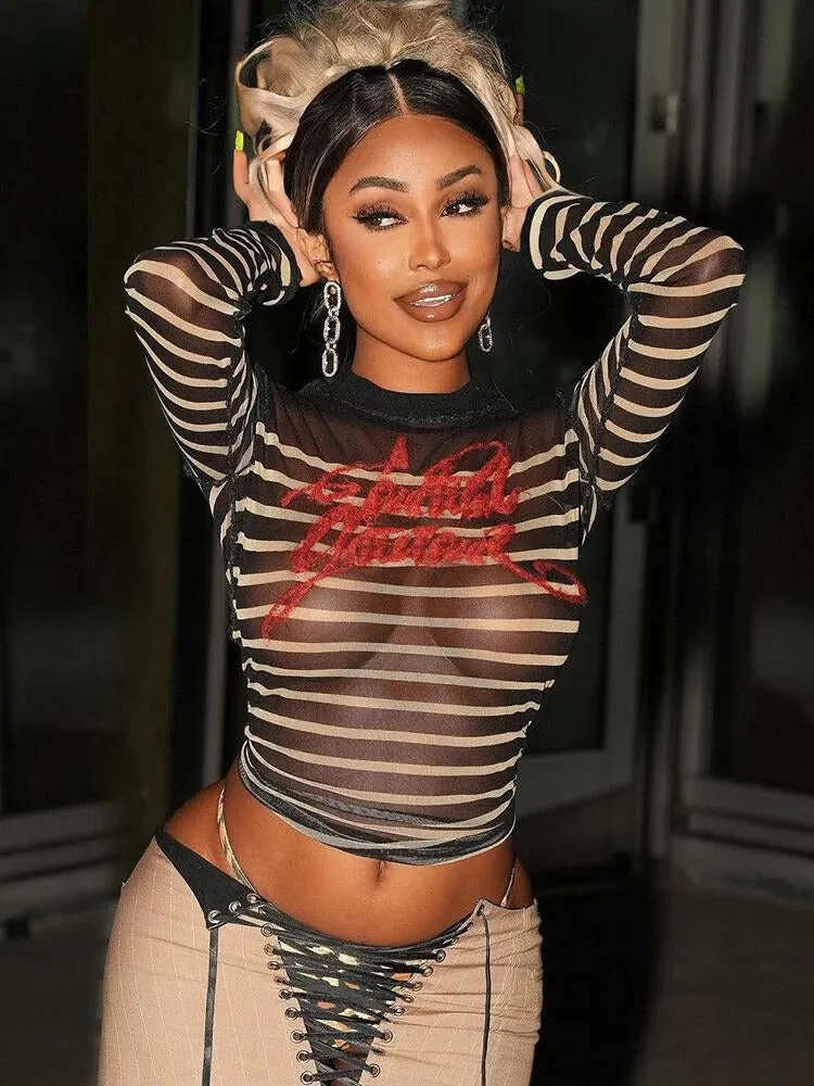 "Get Noticed in the Trendy and Wild T-BOO Women's Crop Top - Featuring Sexy Mesh, Bold Prints, and Striking Stripes - Shop Now for the Ultimate Fashion Statement!"