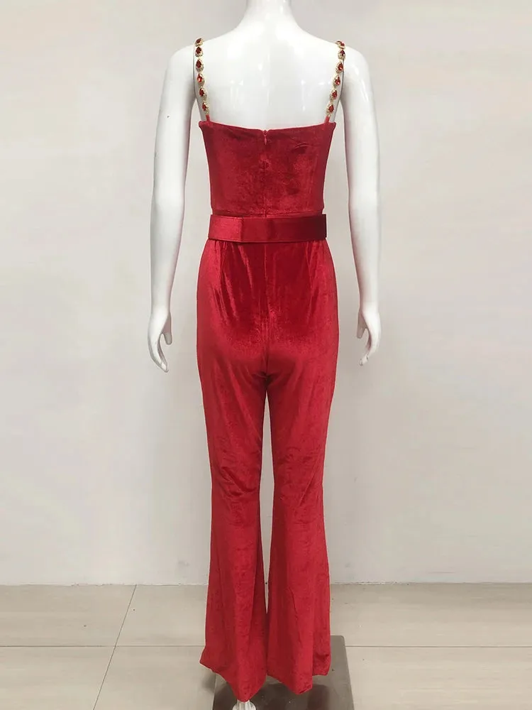 Red Velvet Diamond Strap Jumpsuit