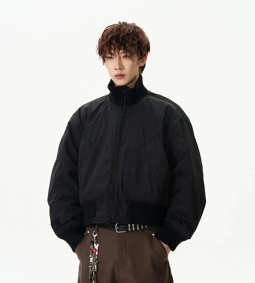 Ribbed Collar Cropped Bomber Flight Jacket
