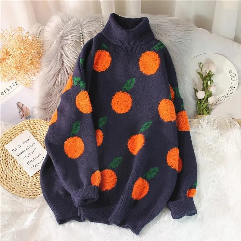 Romildi  Autumn Winter Sweaters Pullover Cherry Pattern Long Sleeve Sweater Women Turtleneck Knitted Jumpers Sweater Mujer