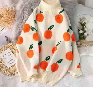 Romildi  Autumn Winter Sweaters Pullover Cherry Pattern Long Sleeve Sweater Women Turtleneck Knitted Jumpers Sweater Mujer
