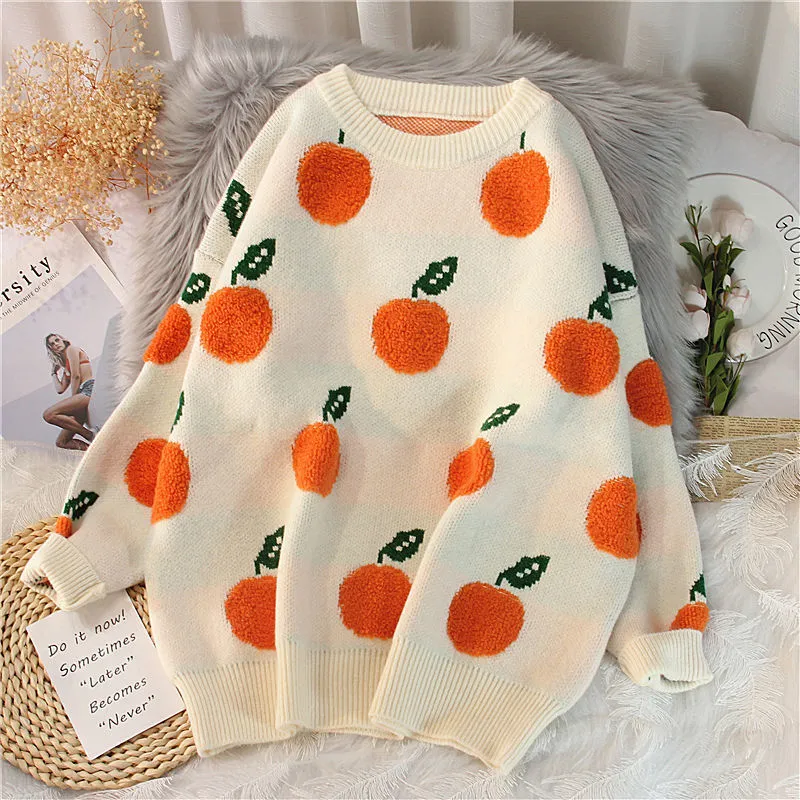 Romildi  Autumn Winter Sweaters Pullover Cherry Pattern Long Sleeve Sweater Women Turtleneck Knitted Jumpers Sweater Mujer
