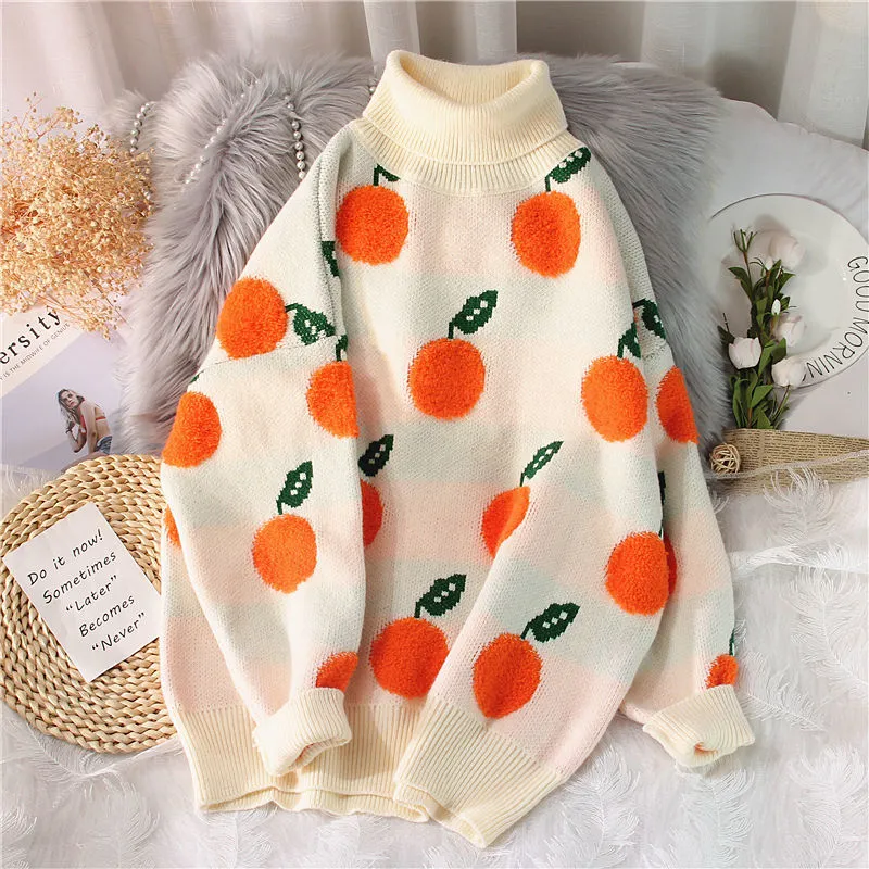 Romildi  Autumn Winter Sweaters Pullover Cherry Pattern Long Sleeve Sweater Women Turtleneck Knitted Jumpers Sweater Mujer