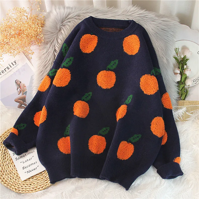 Romildi  Autumn Winter Sweaters Pullover Cherry Pattern Long Sleeve Sweater Women Turtleneck Knitted Jumpers Sweater Mujer