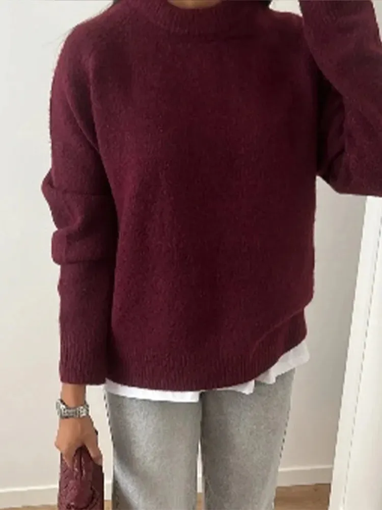 Round Neck Pullover Loose Jumper For Women Solid Sleeve Bottom Shirt Cosy Casual Sweater