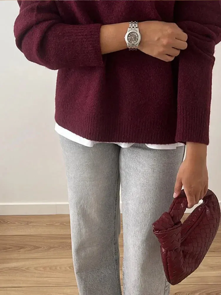 Round Neck Pullover Loose Jumper For Women Solid Sleeve Bottom Shirt Cosy Casual Sweater