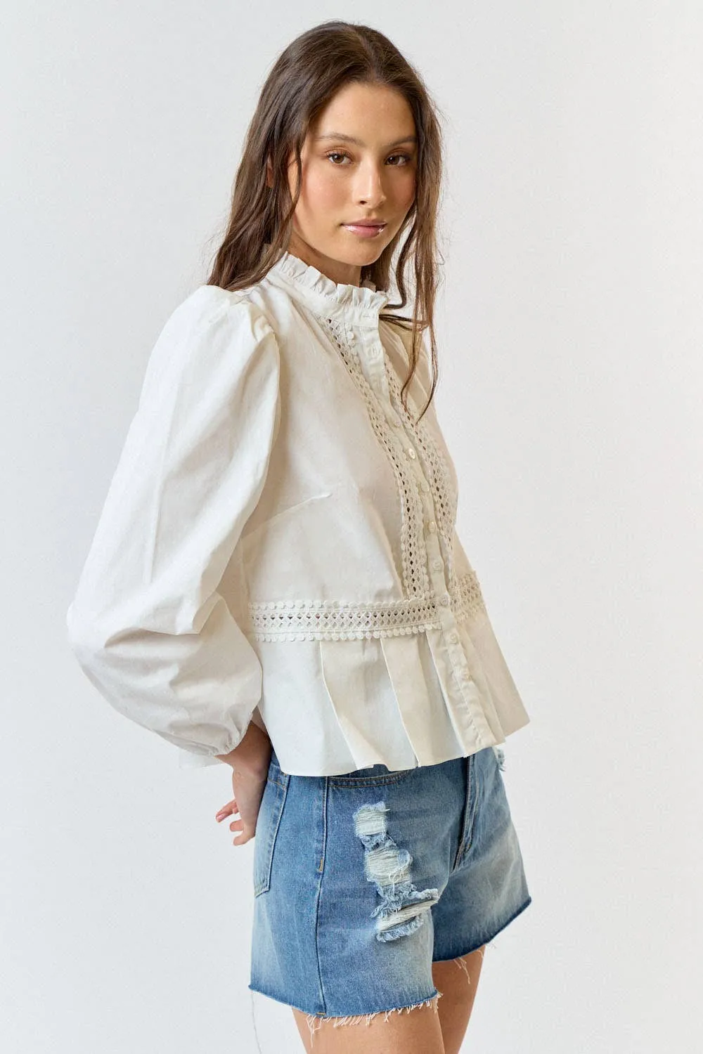 RUFFLE NECK  BUTTON DOWN BLOUSE