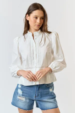 RUFFLE NECK  BUTTON DOWN BLOUSE