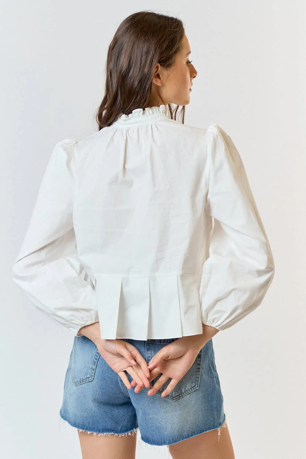 RUFFLE NECK  BUTTON DOWN BLOUSE
