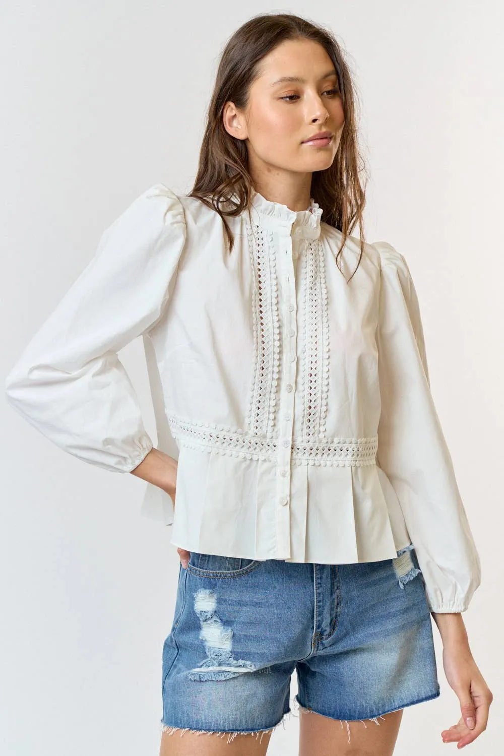 RUFFLE NECK  BUTTON DOWN BLOUSE