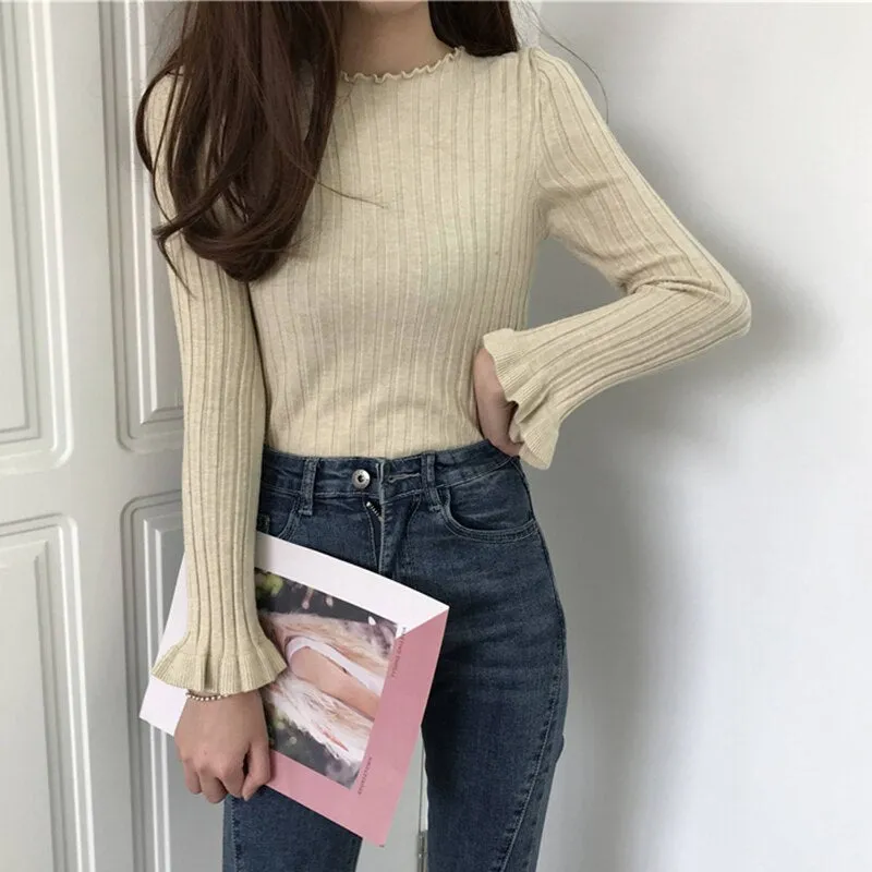 Ruffles Pullovers Solid Flare Sleeve Women Sweaters Slim