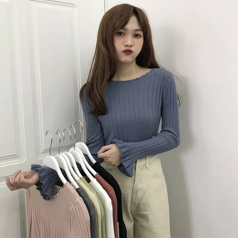 Ruffles Pullovers Solid Flare Sleeve Women Sweaters Slim