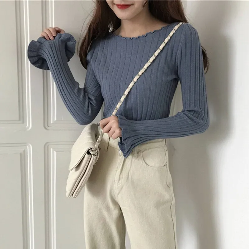 Ruffles Pullovers Solid Flare Sleeve Women Sweaters Slim