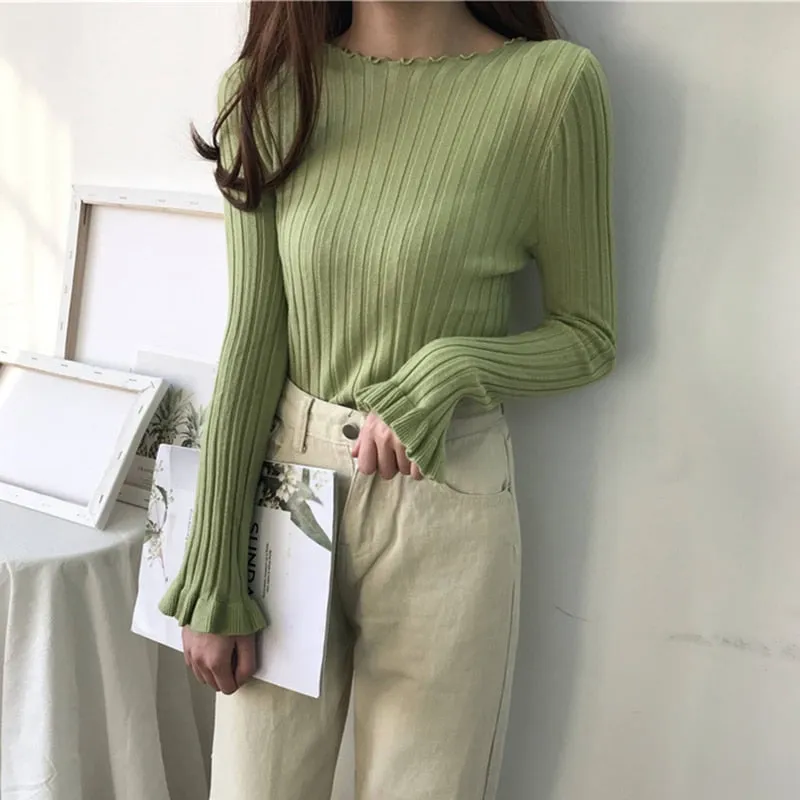 Ruffles Pullovers Solid Flare Sleeve Women Sweaters Slim