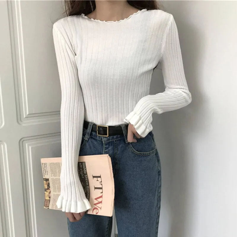 Ruffles Pullovers Solid Flare Sleeve Women Sweaters Slim