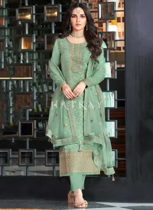 Sea Green Golden Embroidery Pant Style Suit