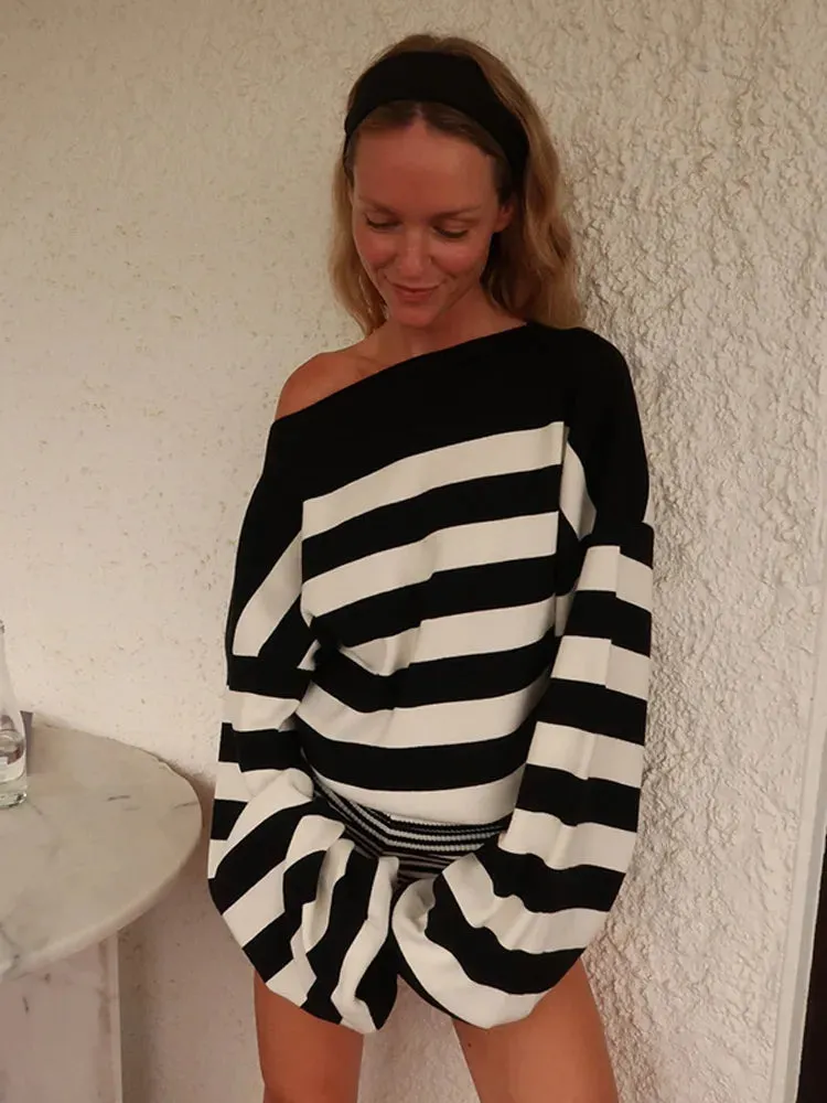 Stripe Slanted Collar Off Shoulder Knit Pullover Casual Long Sleeve Women's Sweater