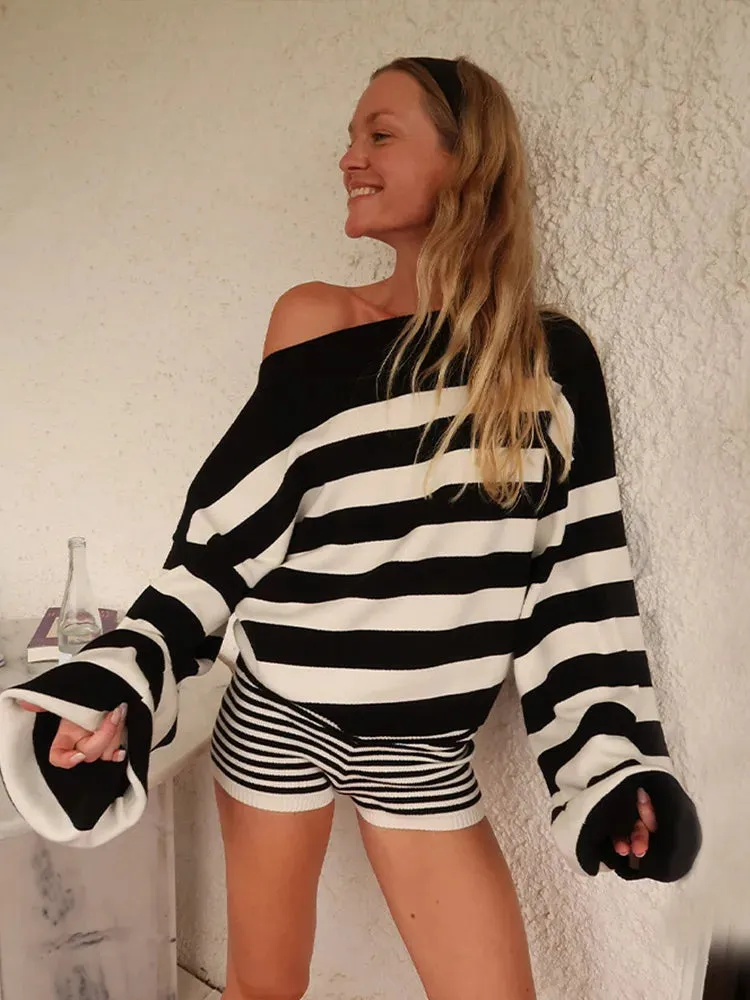 Stripe Slanted Collar Off Shoulder Knit Pullover Casual Long Sleeve Women's Sweater
